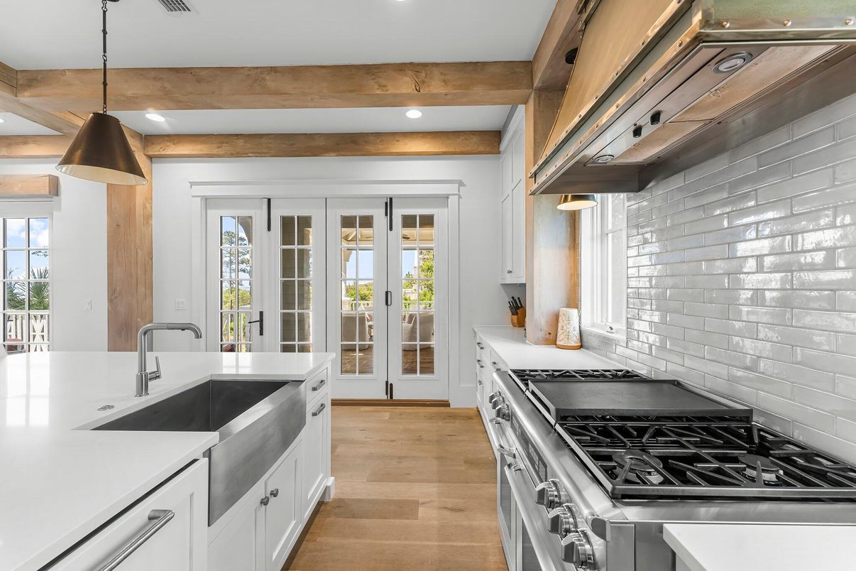 Interior, Kitchen, Pendant Lights, Recessed Lighting, Stainless Steel Appliances, Wooden Beams, Wood Texture Flooring