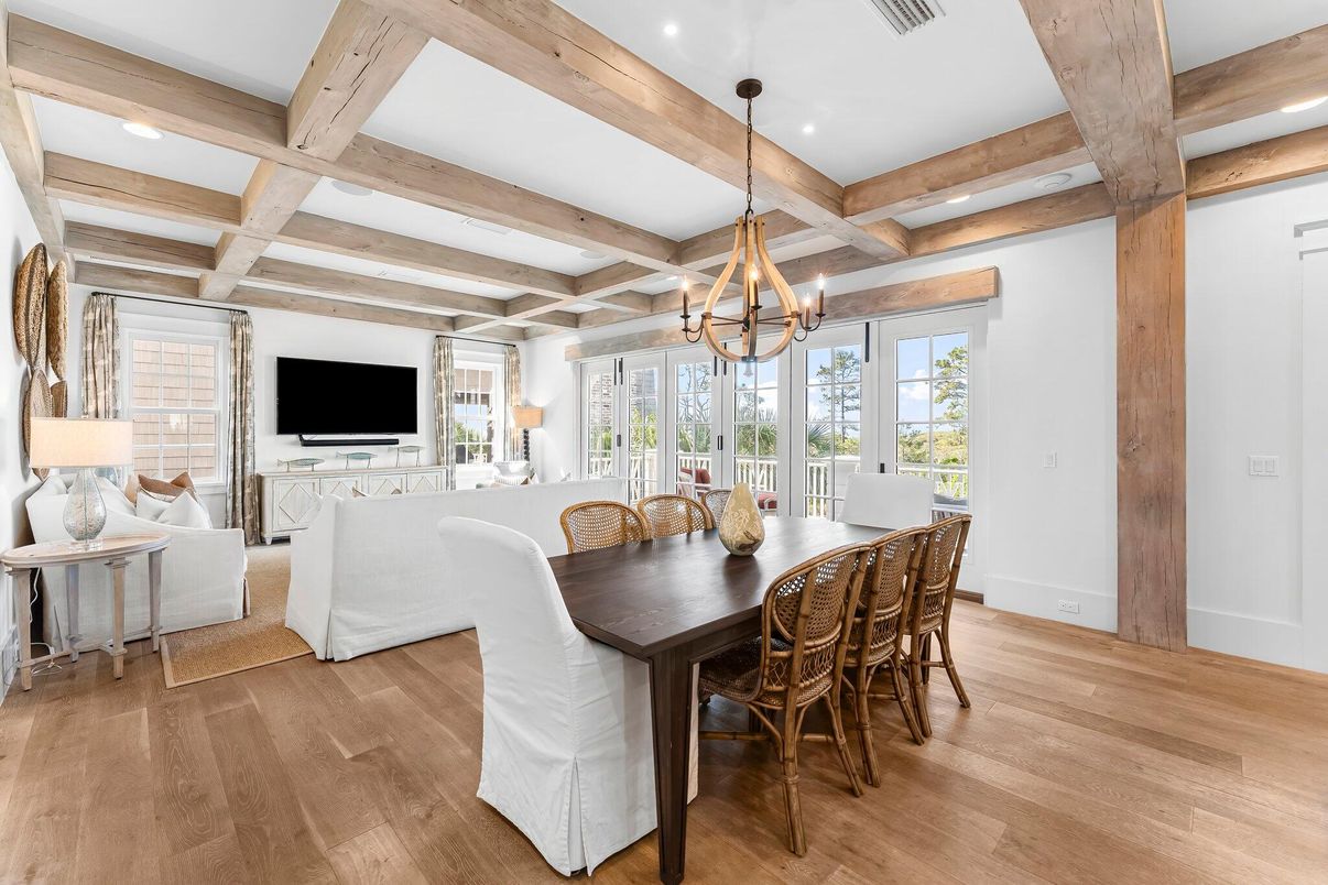 Chandelier, Dining room, Interior, Living room, Pendant Lights, Recessed Lighting, Wooden Beams, Wood Texture Flooring