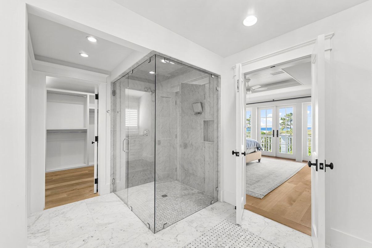 Bathroom, Glass Shower, Interior, Marble, Marble Walls, Recessed Lighting, Wood Texture Flooring