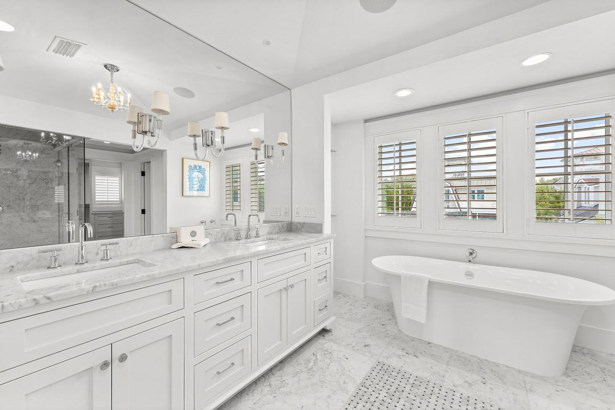 Bathroom, Dual Sink Vanities, Free Standing Baths, Glass Shower, Interior, Marble, Recessed Lighting