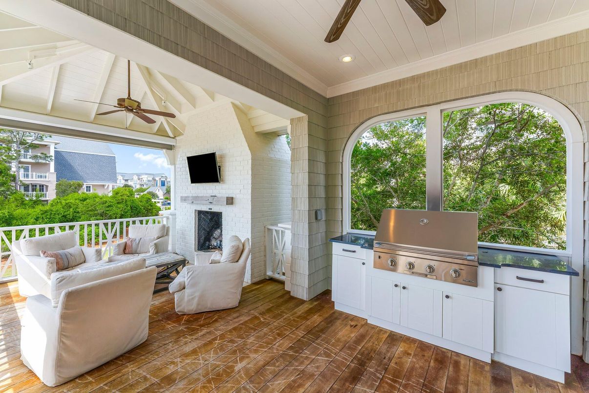 Fireplace, Interior, Living room, Recessed Lighting, Stone Walls, Wood Texture Flooring