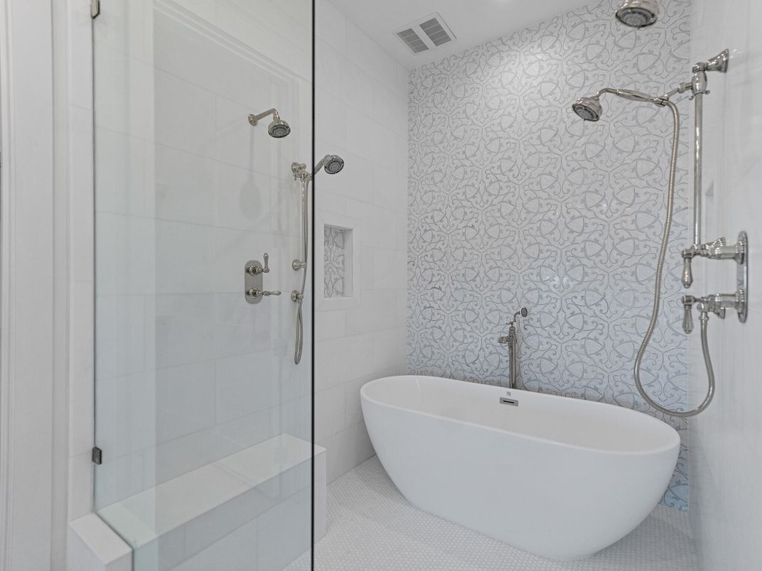 Bathroom, Free Standing Baths, Glass Shower, Interior, Recessed Lighting