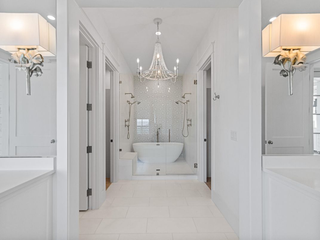 Bathroom, Chandelier, Free Standing Baths, Interior, Recessed Lighting
