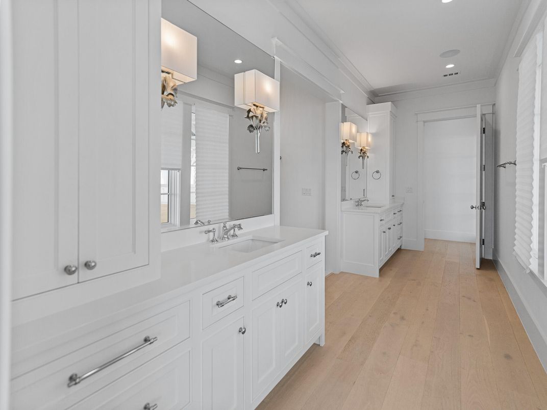 Bathroom, Dual Sink Vanities, Interior, Recessed Lighting, Wood Texture Flooring