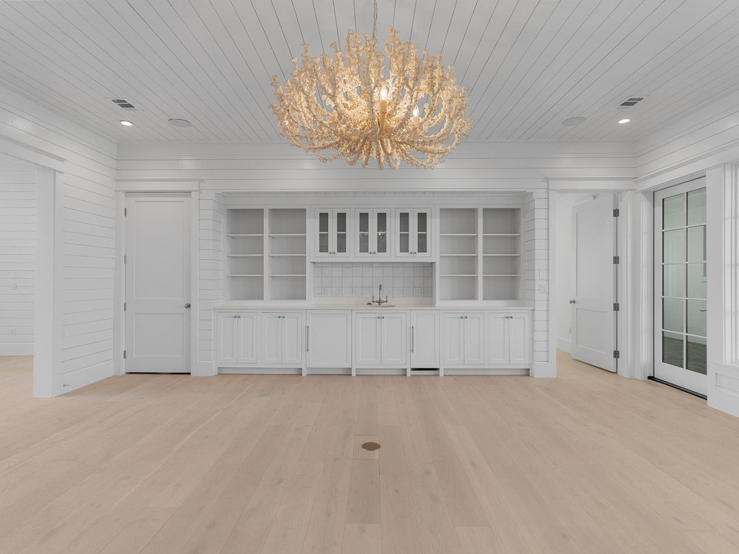 Chandelier, Empty room, Interior, Recessed Lighting, Wood Texture Flooring