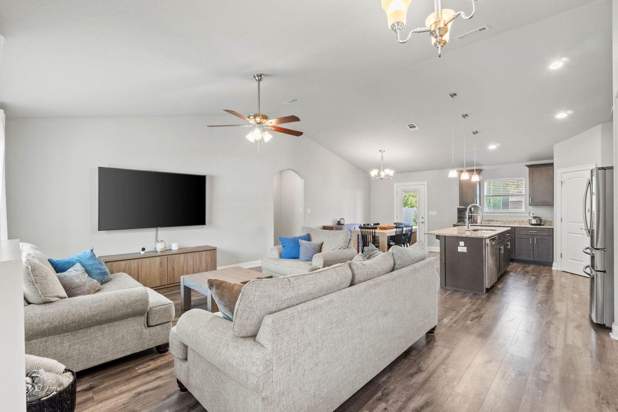 Chandelier, Dining room, Interior, Kitchen, Living room, Pendant Lights, Recessed Lighting, Wood Texture Flooring