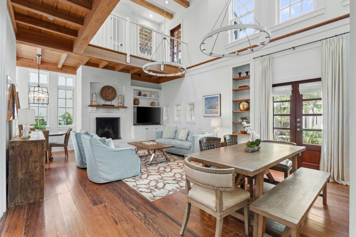 Dining room, Fireplace, Interior, Living room, Pendant Lights, Recessed Lighting, Wooden Beams, Wooden Ceilings, Wood Texture Flooring