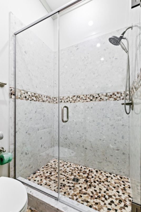 Bathroom, Glass Shower, Interior, Marble Walls, Recessed Lighting