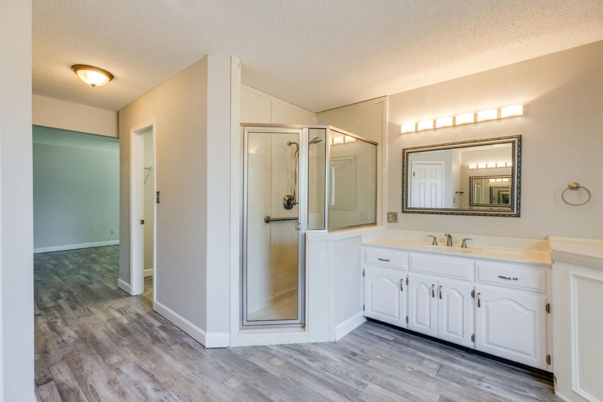 Bathroom, Glass Shower, Interior, Wood Texture Flooring