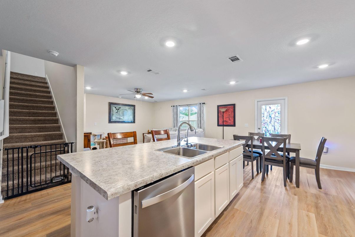 Dining room, Interior, Kitchen, Recessed Lighting, Wood Texture Flooring