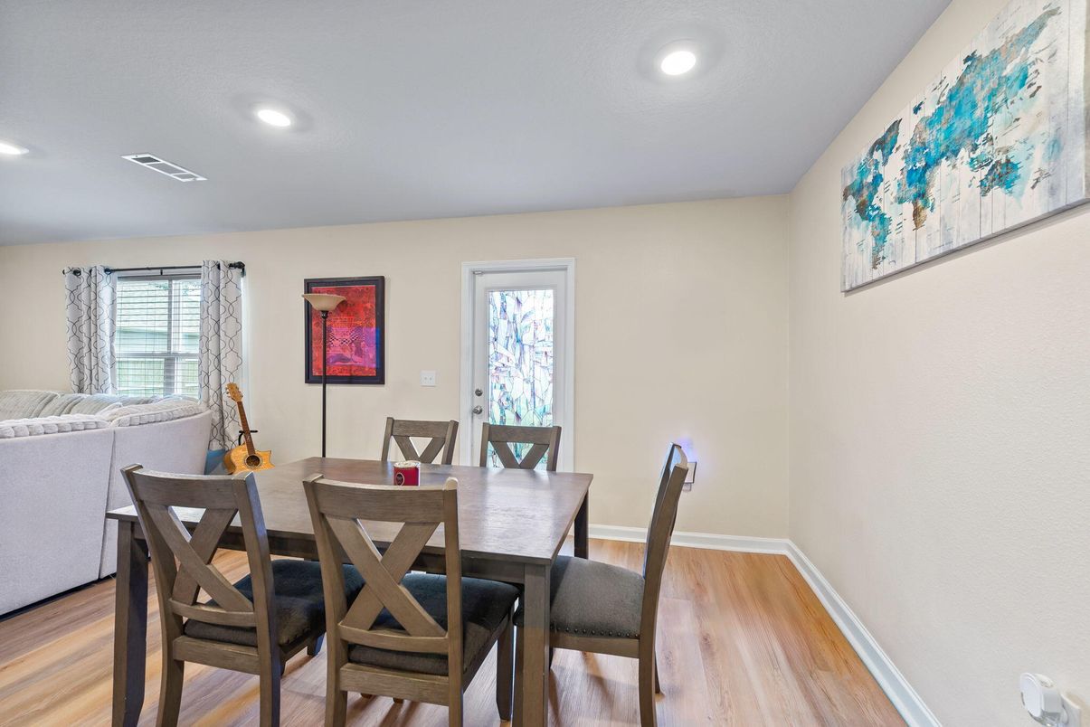 Dining room, Interior, Recessed Lighting, Wood Texture Flooring