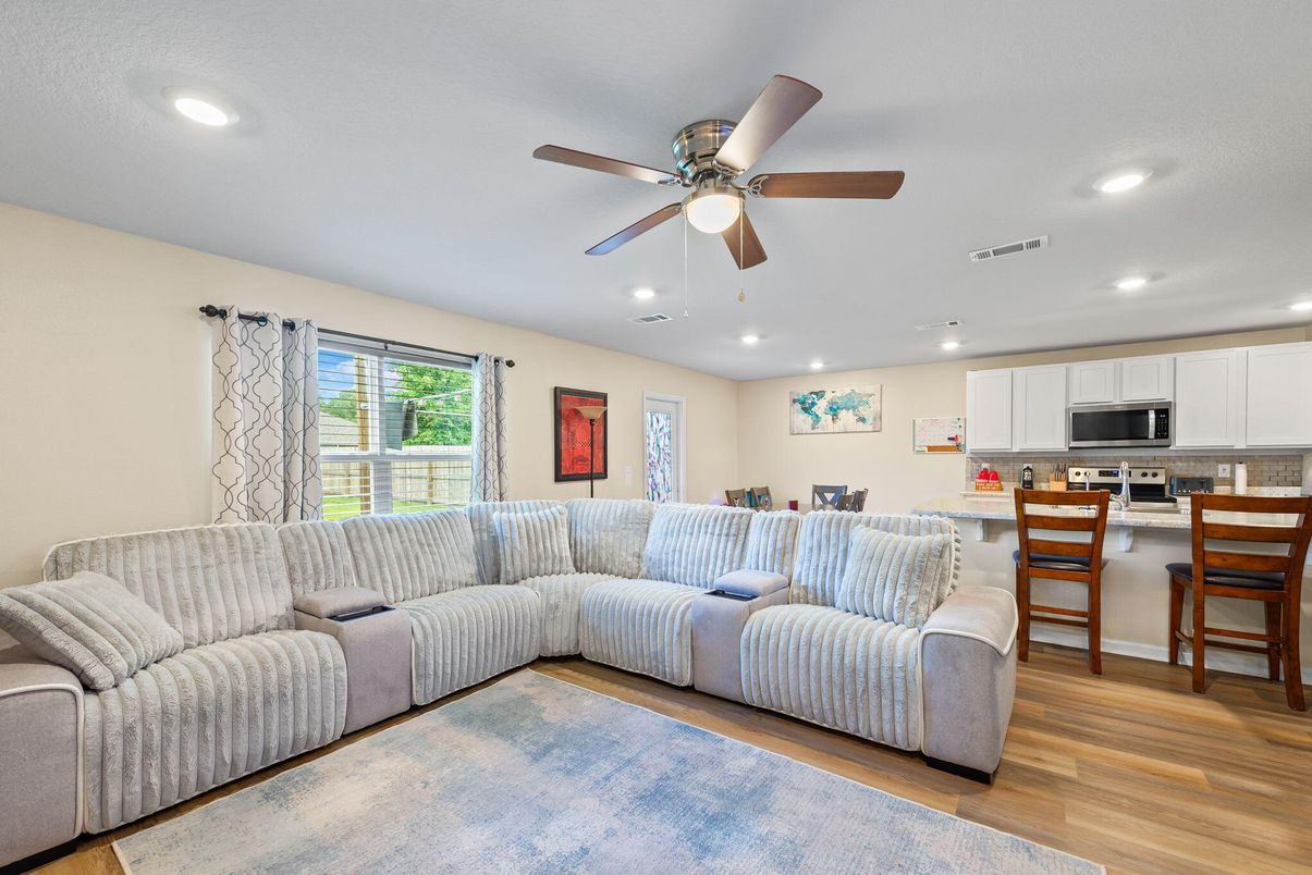 Interior, Kitchen, Living room, Recessed Lighting, Stainless Steel Appliances, Wood Texture Flooring