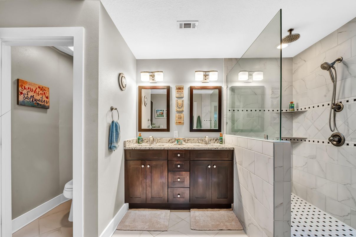 Bathroom, Dual Sink Vanities, Glass Shower, Interior, Marble Walls