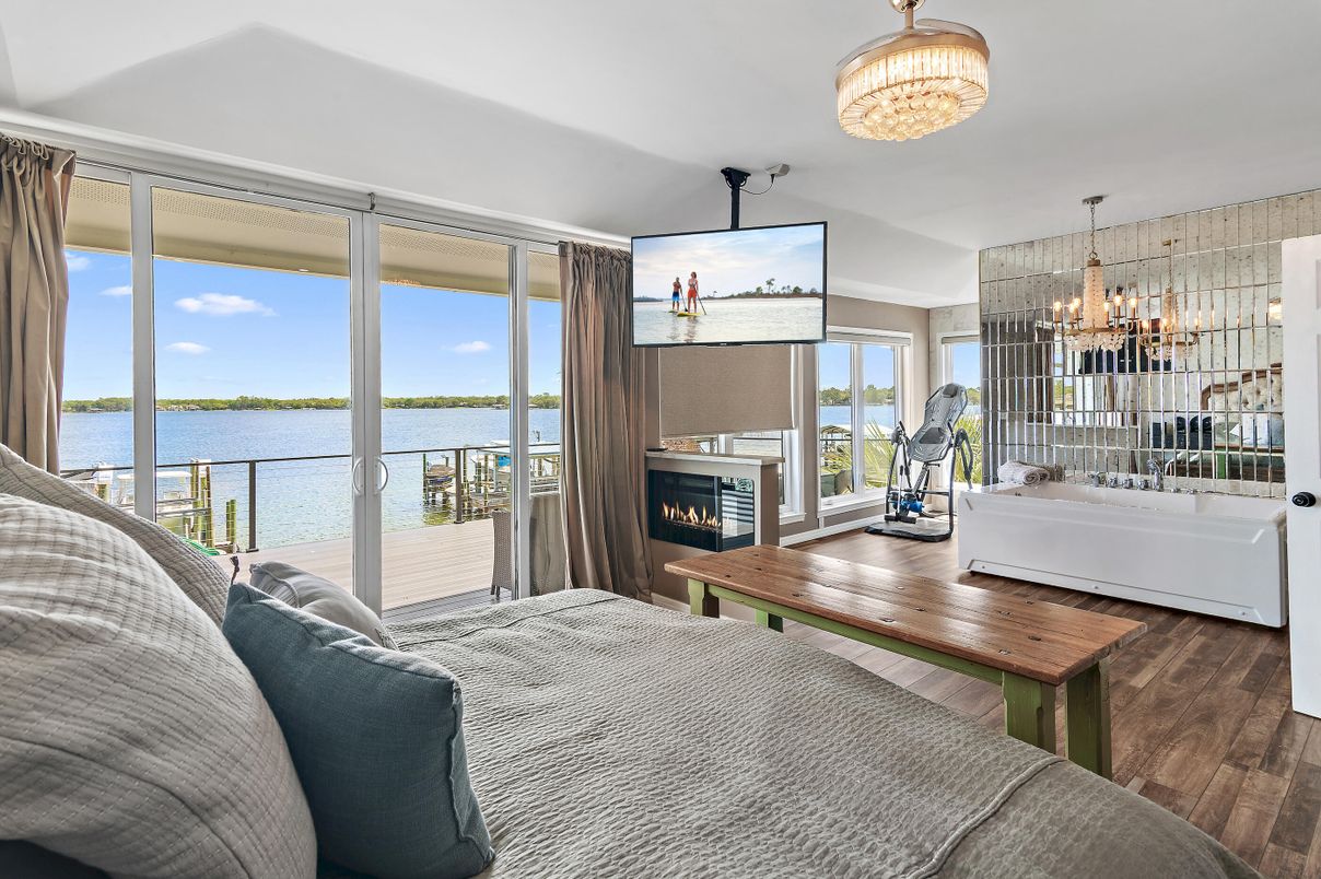 Bedroom, Chandelier, Fireplace, Interior, Water, Wood Texture Flooring
