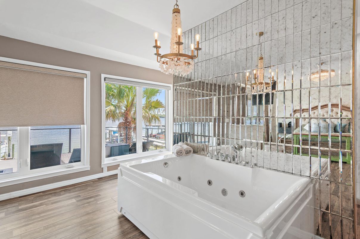 Bathroom, Chandelier, Interior, Wood Texture Flooring