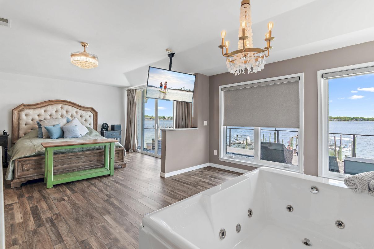 Bedroom, Chandelier, Interior, Water, Wood Texture Flooring