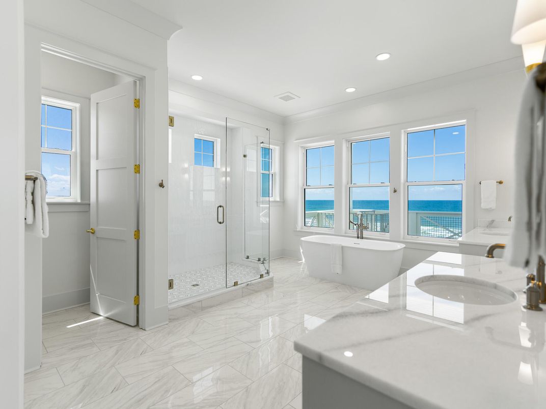 Bathroom, Dual Sink Vanities, Free Standing Baths, Glass Shower, Interior, Marble, Recessed Lighting, Water