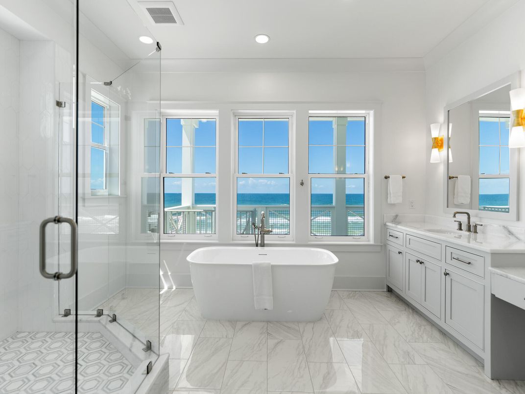 Bathroom, Dual Sink Vanities, Free Standing Baths, Glass Shower, Interior, Marble, Recessed Lighting, Water