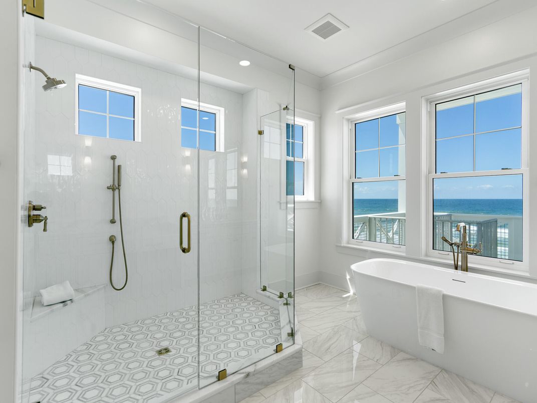 Bathroom, Free Standing Baths, Glass Shower, Interior, Marble, Marble Walls, Recessed Lighting, Water