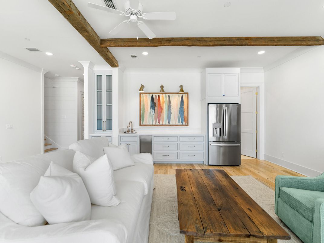Interior, Kitchen, Living room, Recessed Lighting, Stainless Steel Appliances, Wooden Beams, Wood Texture Flooring