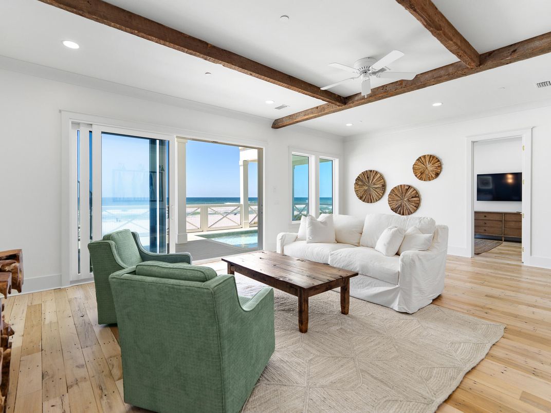 Interior, Living room, Recessed Lighting, Water, Wooden Beams, Wood Texture Flooring