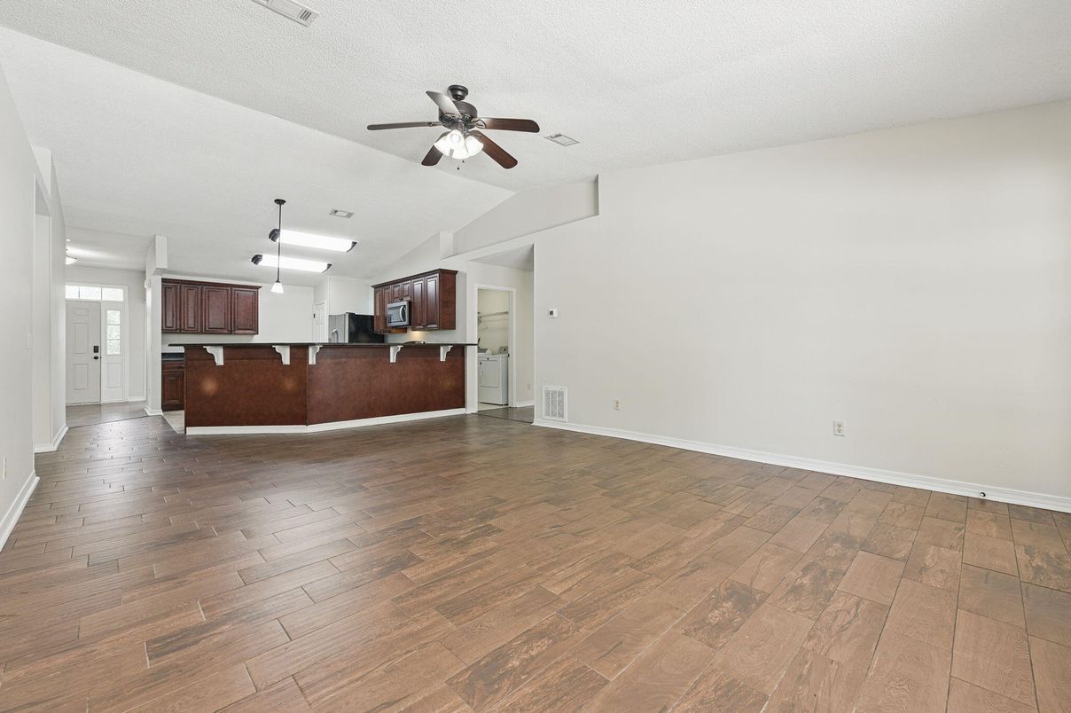 Empty room, Interior, Kitchen, Pendant Lights, Wood Texture Flooring