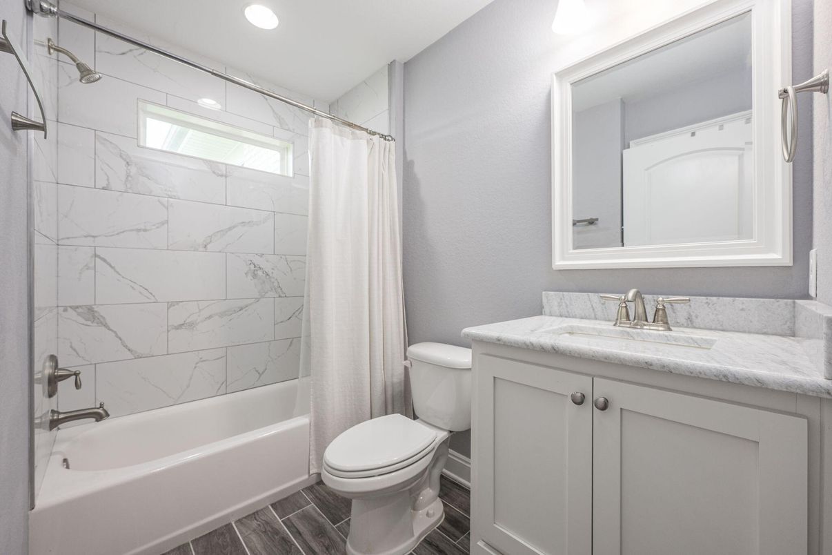 Bathroom, Interior, Marble Walls, Recessed Lighting, Wood Texture Flooring