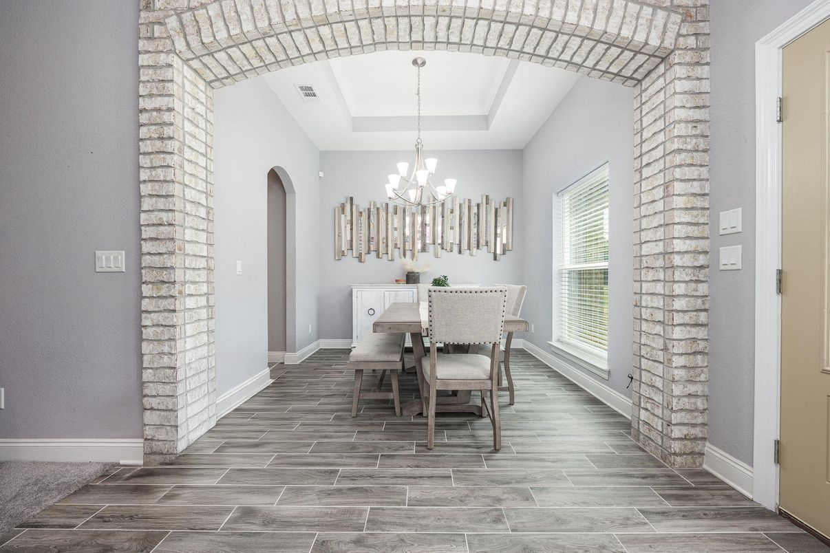 Chandelier, Dining room, Interior, Pendant Lights, Stone Walls, Wood Texture Flooring