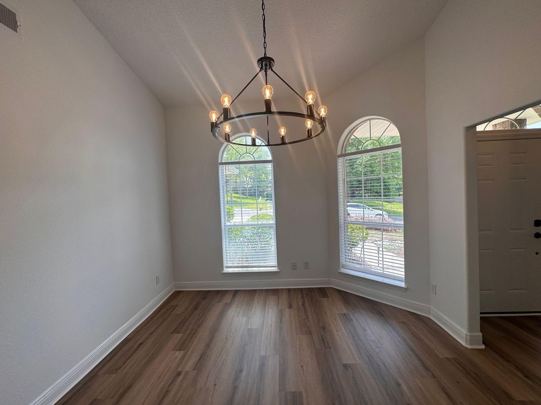 Chandelier, Empty room, Interior, Pendant Lights, Wood Texture Flooring