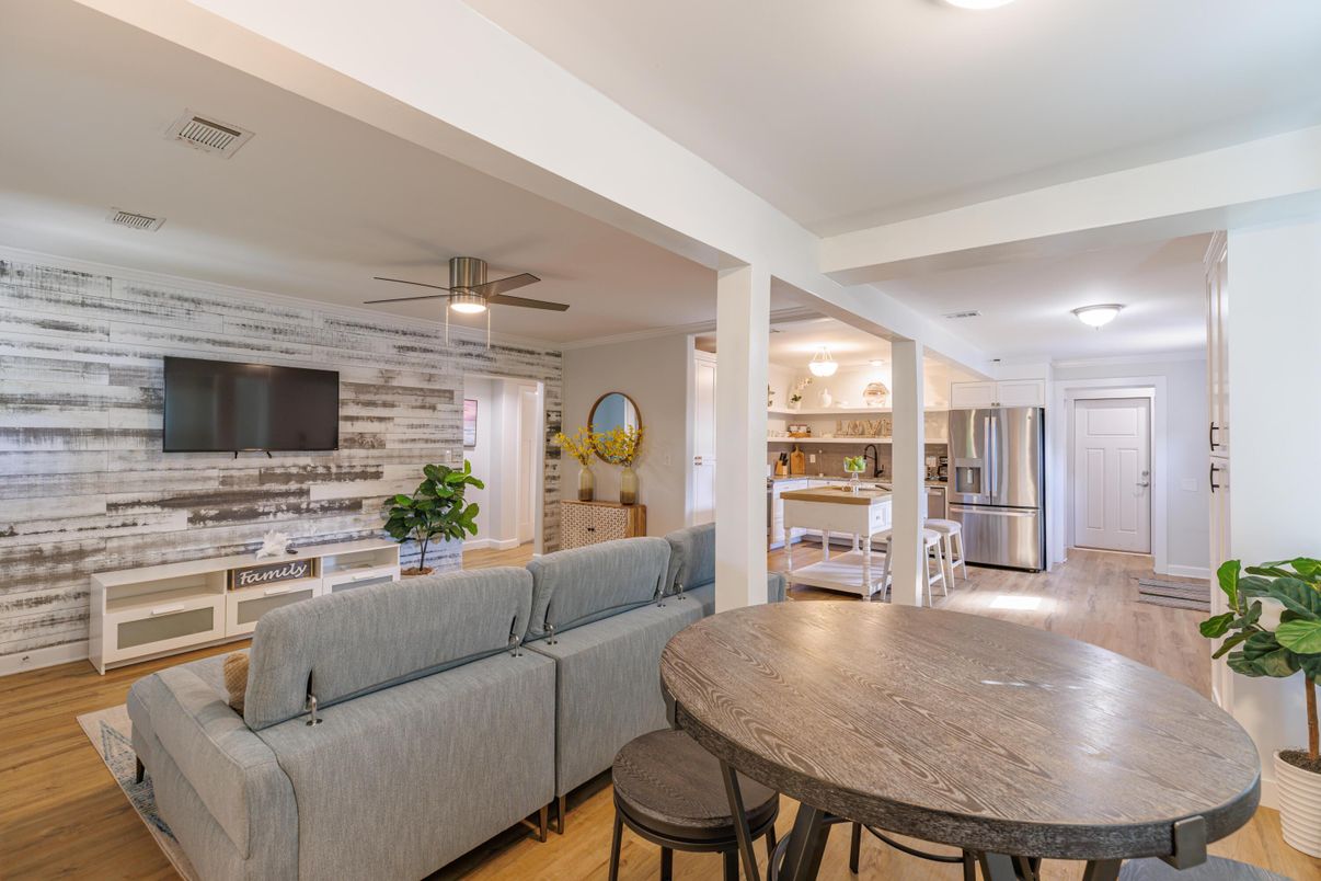 Dining room, Interior, Kitchen, Living room, Stainless Steel Appliances, Stone Walls, Wood Texture Flooring