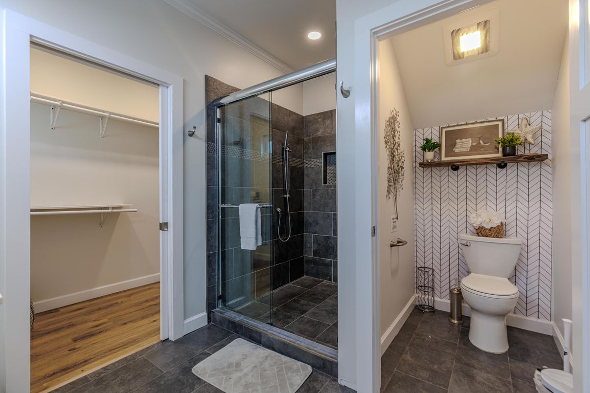 Bathroom, Glass Shower, Interior, Recessed Lighting, Walk-in Closets, Wood Texture Flooring