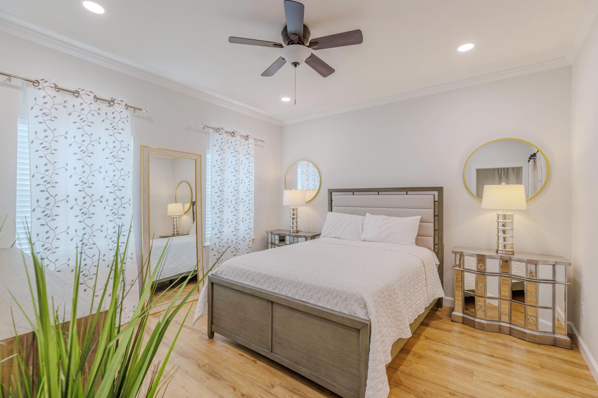 Bedroom, Interior, Recessed Lighting, Wood Texture Flooring