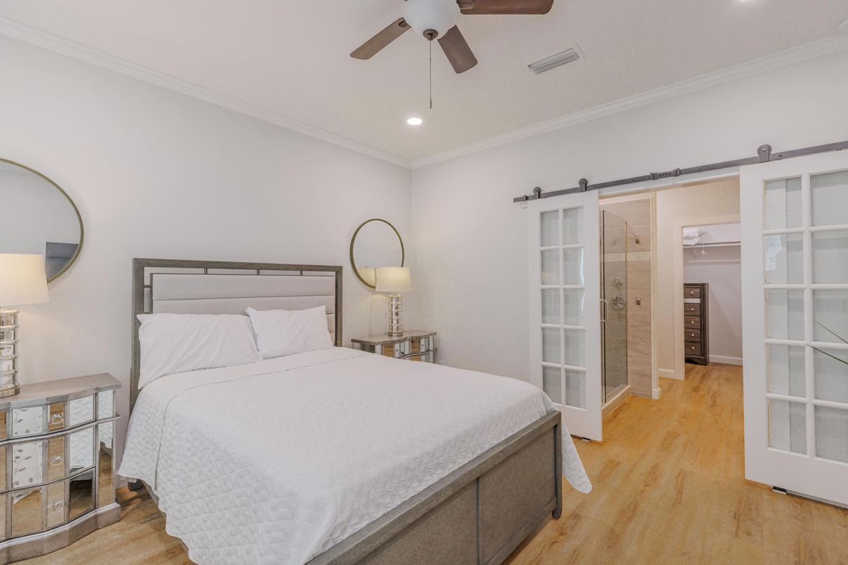 Bedroom, Interior, Recessed Lighting, Wood Texture Flooring