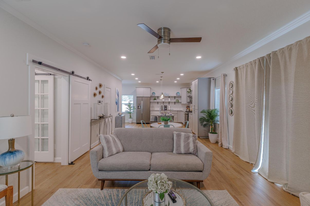 Interior, Kitchen, Living room, Pendant Lights, Recessed Lighting, Wood Texture Flooring