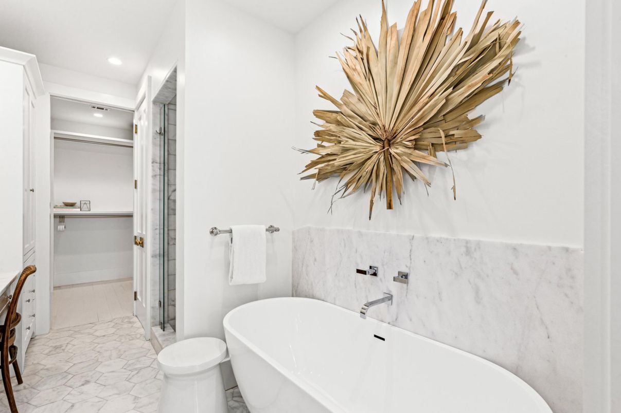 Bathroom, Free Standing Baths, Interior, Marble, Marble Walls, Recessed Lighting