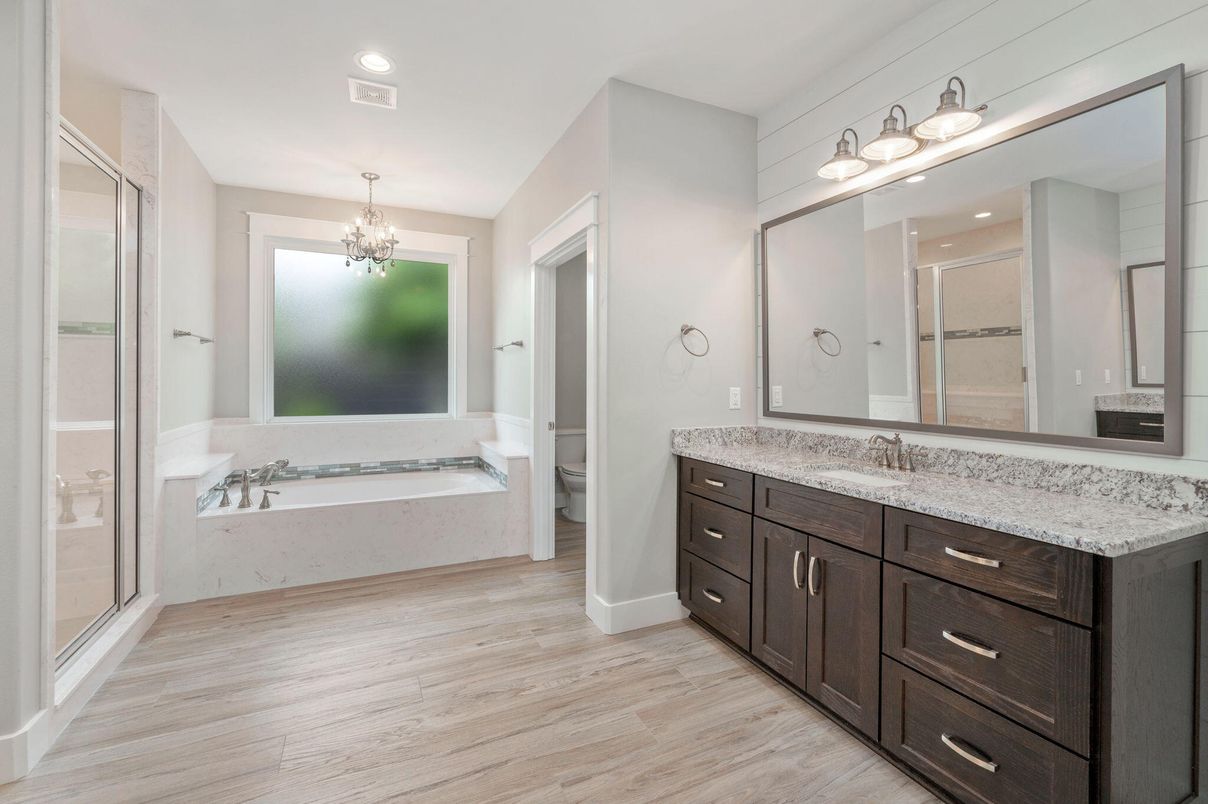 Bathroom, Chandelier, Dual Sink Vanities, Interior, Recessed Lighting, Wood Texture Flooring