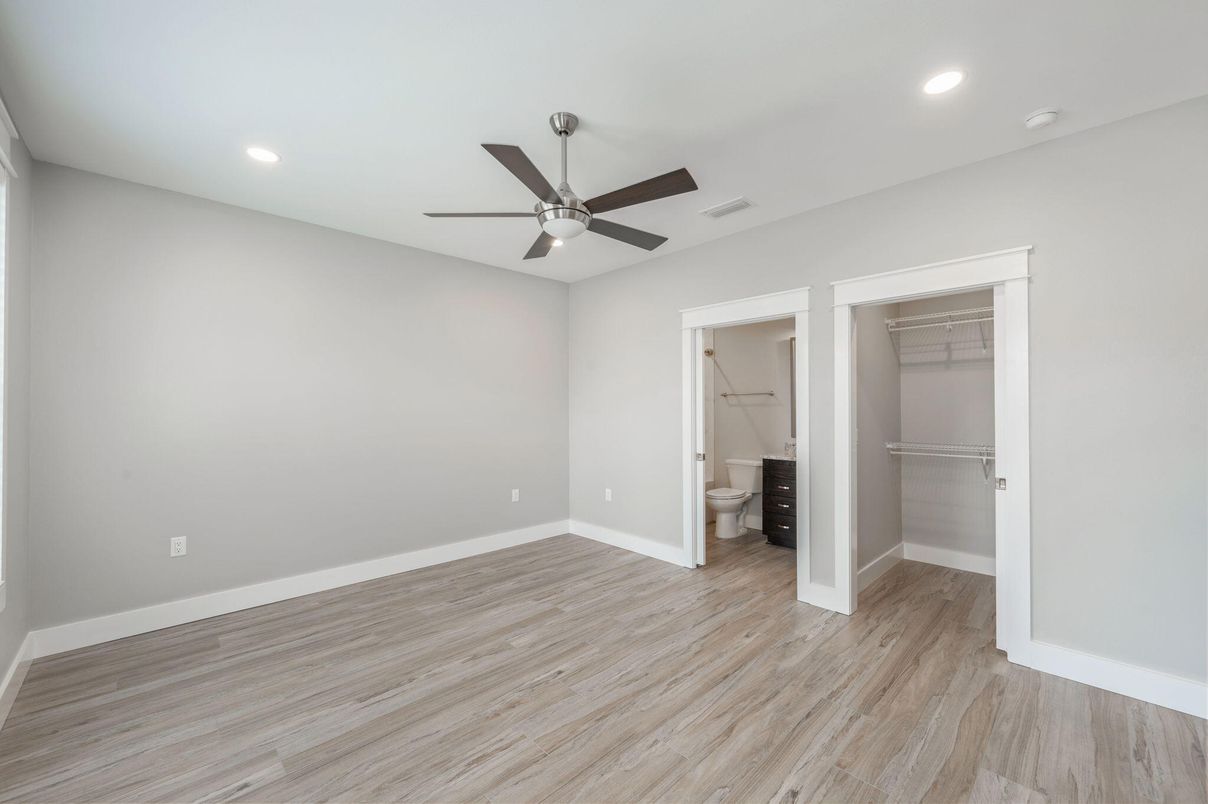 Bathroom, Empty room, Interior, Recessed Lighting, Wood Texture Flooring