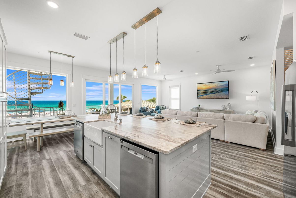 Interior, Kitchen, Living room, Pendant Lights, Recessed Lighting, Stainless Steel Appliances, Water, Wood Texture Flooring
