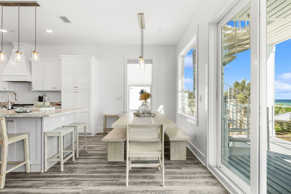 Dining room, Interior, Kitchen, Pendant Lights, Recessed Lighting, Water, Wood Texture Flooring