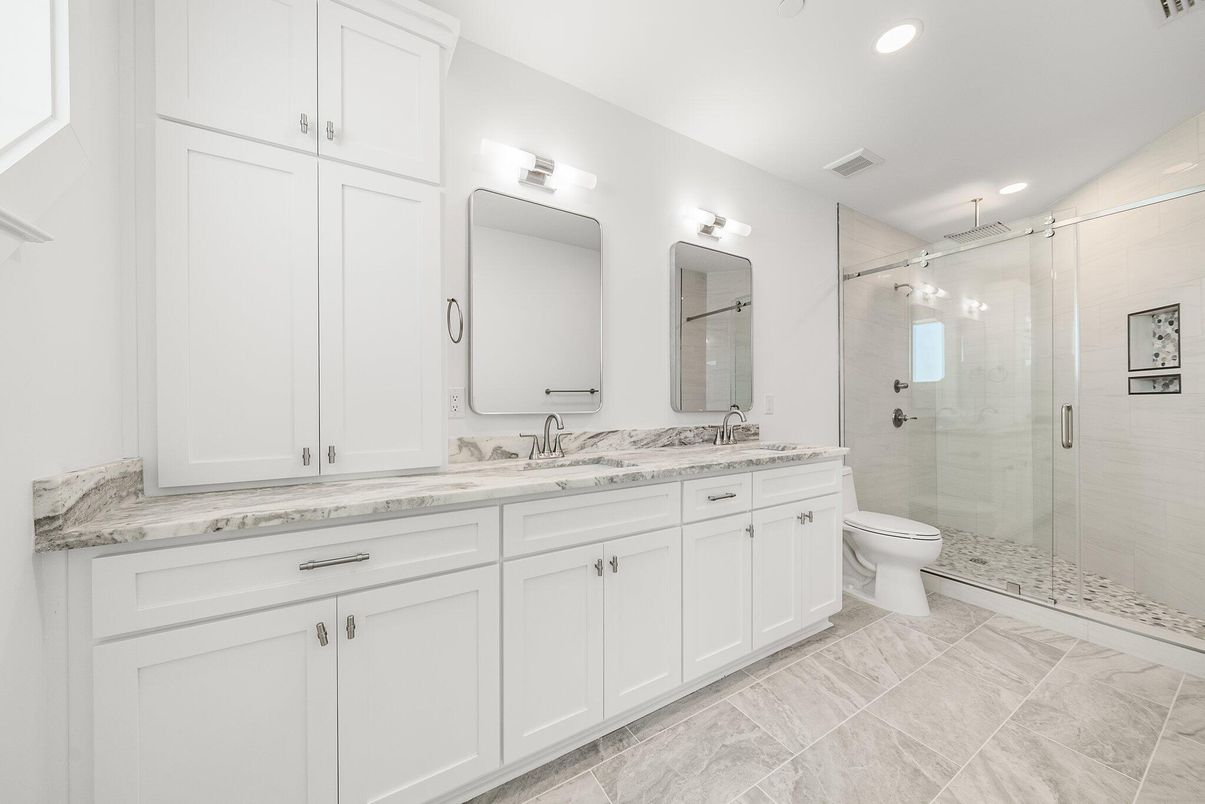 Bathroom, Dual Sink Vanities, Glass Shower, Interior, Recessed Lighting