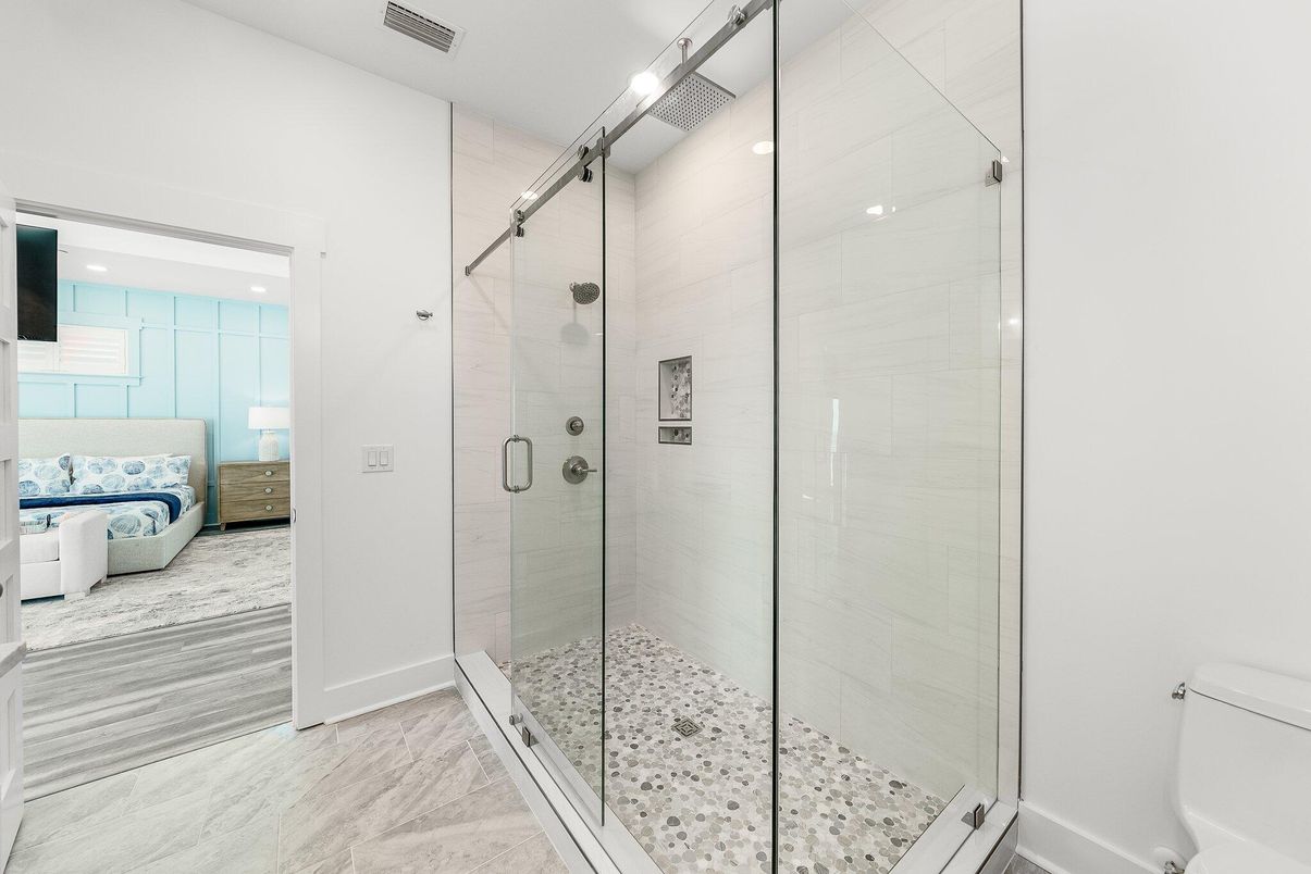 Bathroom, Bedroom, Glass Shower, Interior, Recessed Lighting, Wood Texture Flooring
