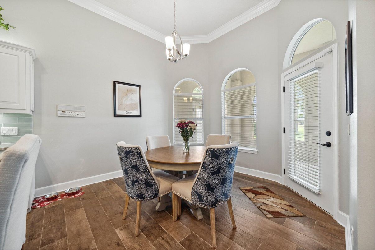 Dining room, Interior, Pendant Lights, Wood Texture Flooring