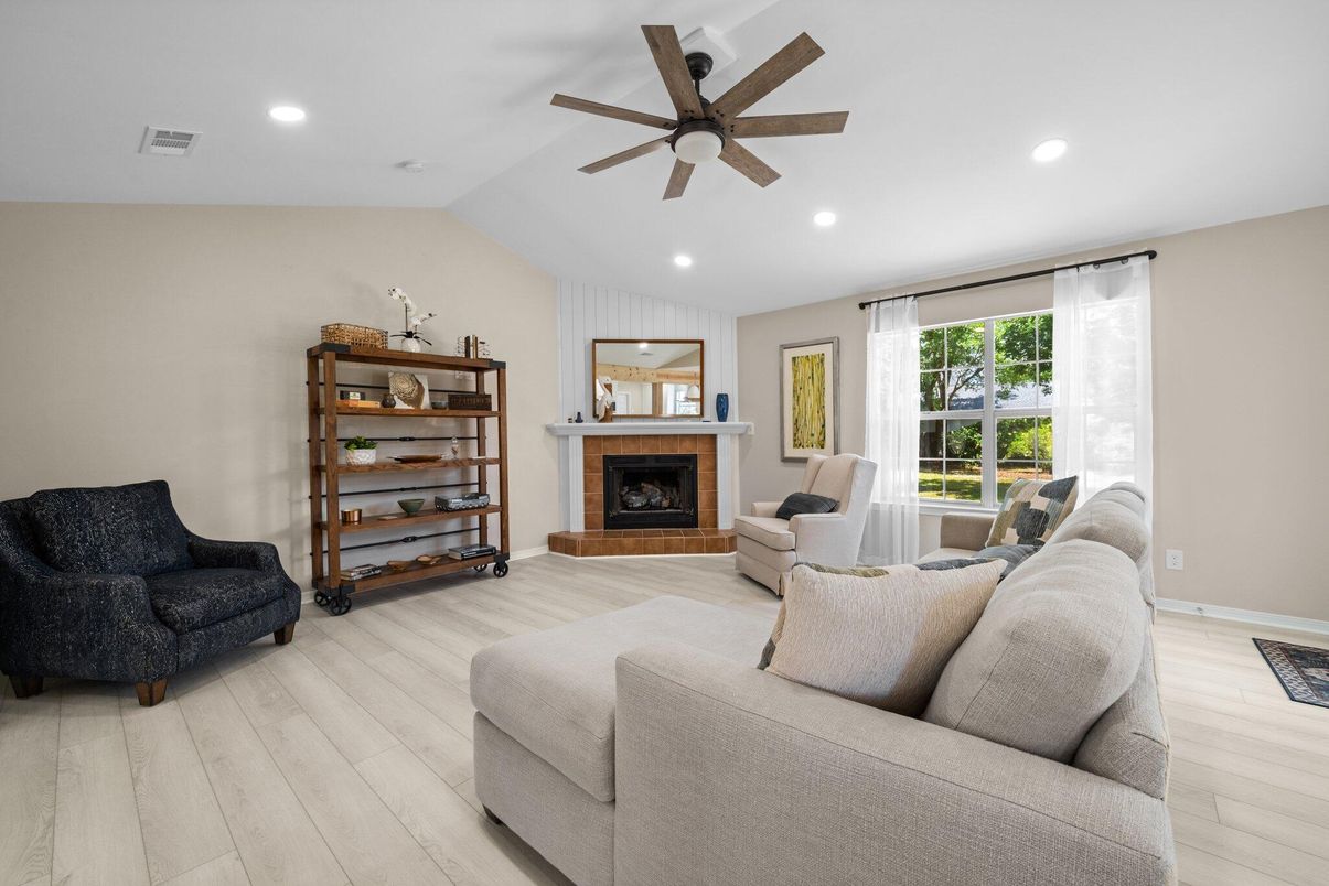 Fireplace, Interior, Living room, Recessed Lighting, Wood Texture Flooring