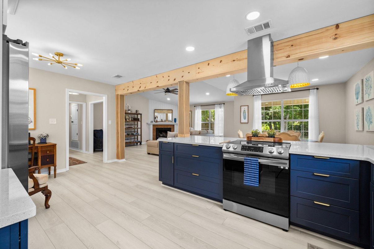 Interior, Kitchen, Pendant Lights, Recessed Lighting, Stainless Steel Appliances, Wooden Beams, Wood Texture Flooring
