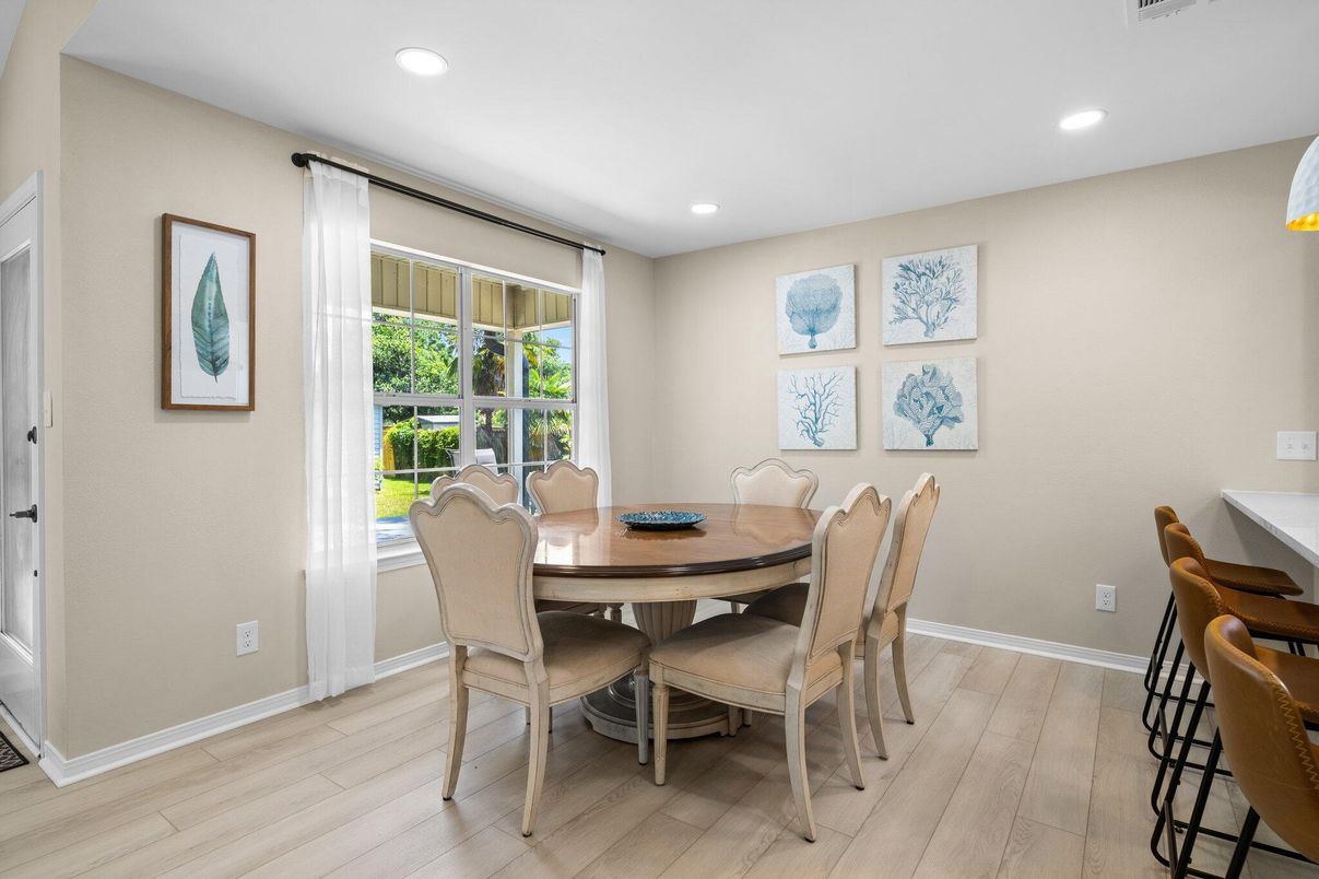 Dining room, Interior, Recessed Lighting, Wood Texture Flooring