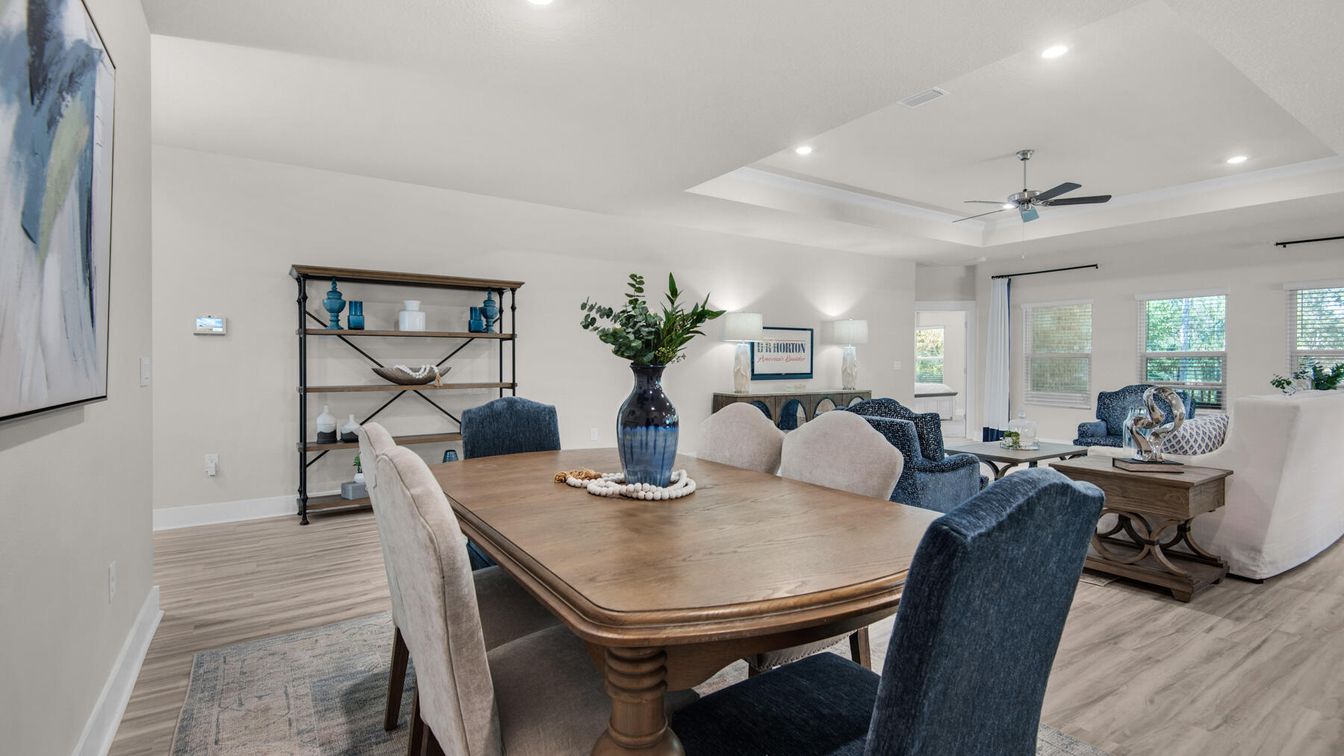 Dining room, Interior, Living room, Recessed Lighting, Wood Texture Flooring
