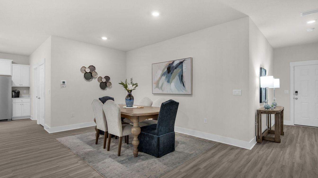 Dining room, Interior, Recessed Lighting, Wood Texture Flooring
