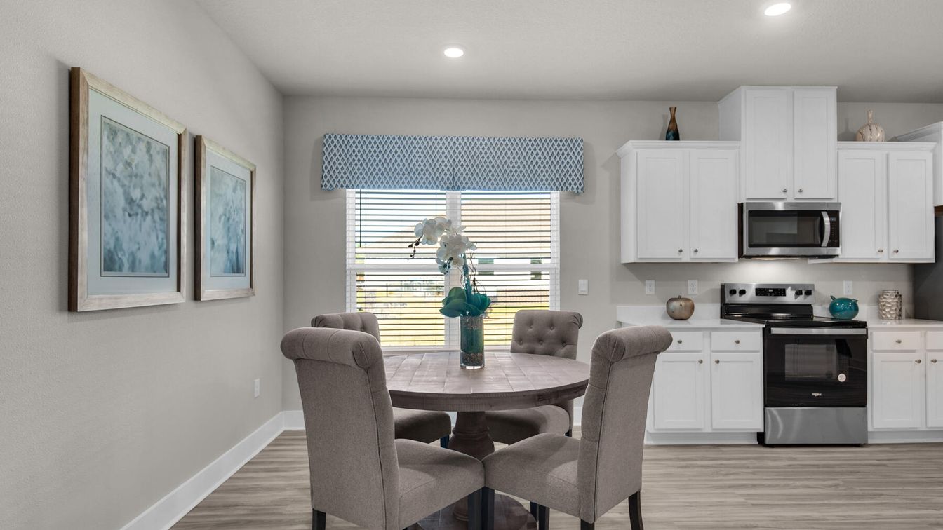 Dining room, Interior, Kitchen, Recessed Lighting, Stainless Steel Appliances, Wood Texture Flooring