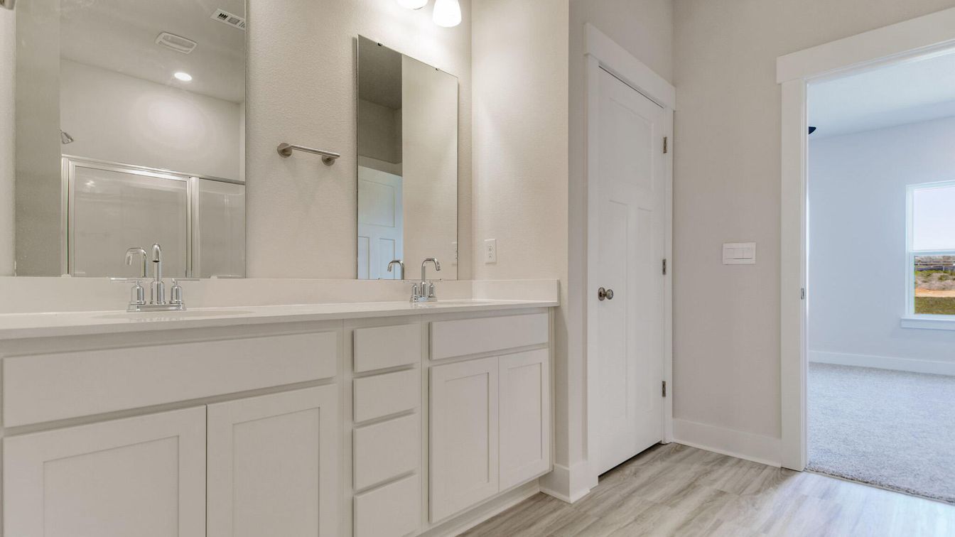 Bathroom, Dual Sink Vanities, Interior, Recessed Lighting, Wood Texture Flooring
