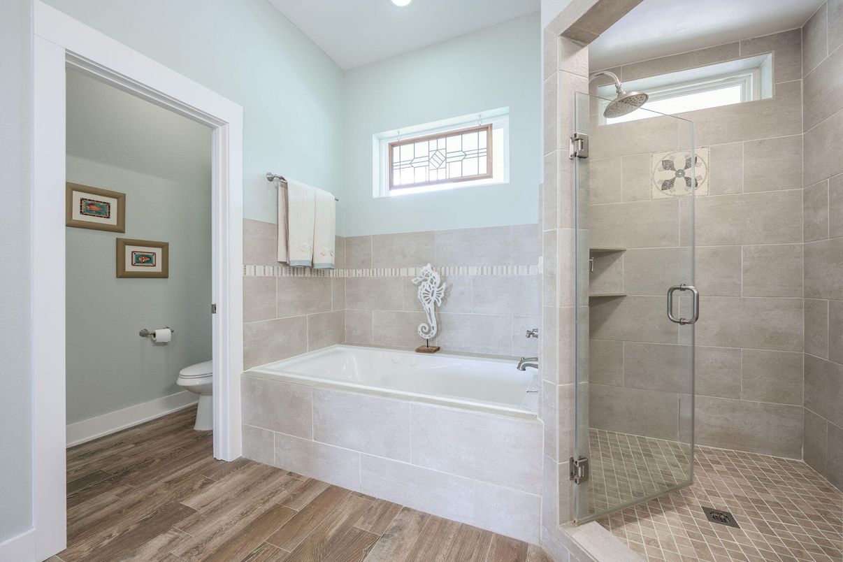 Bathroom, Glass Shower, Interior, Recessed Lighting, Wood Texture Flooring